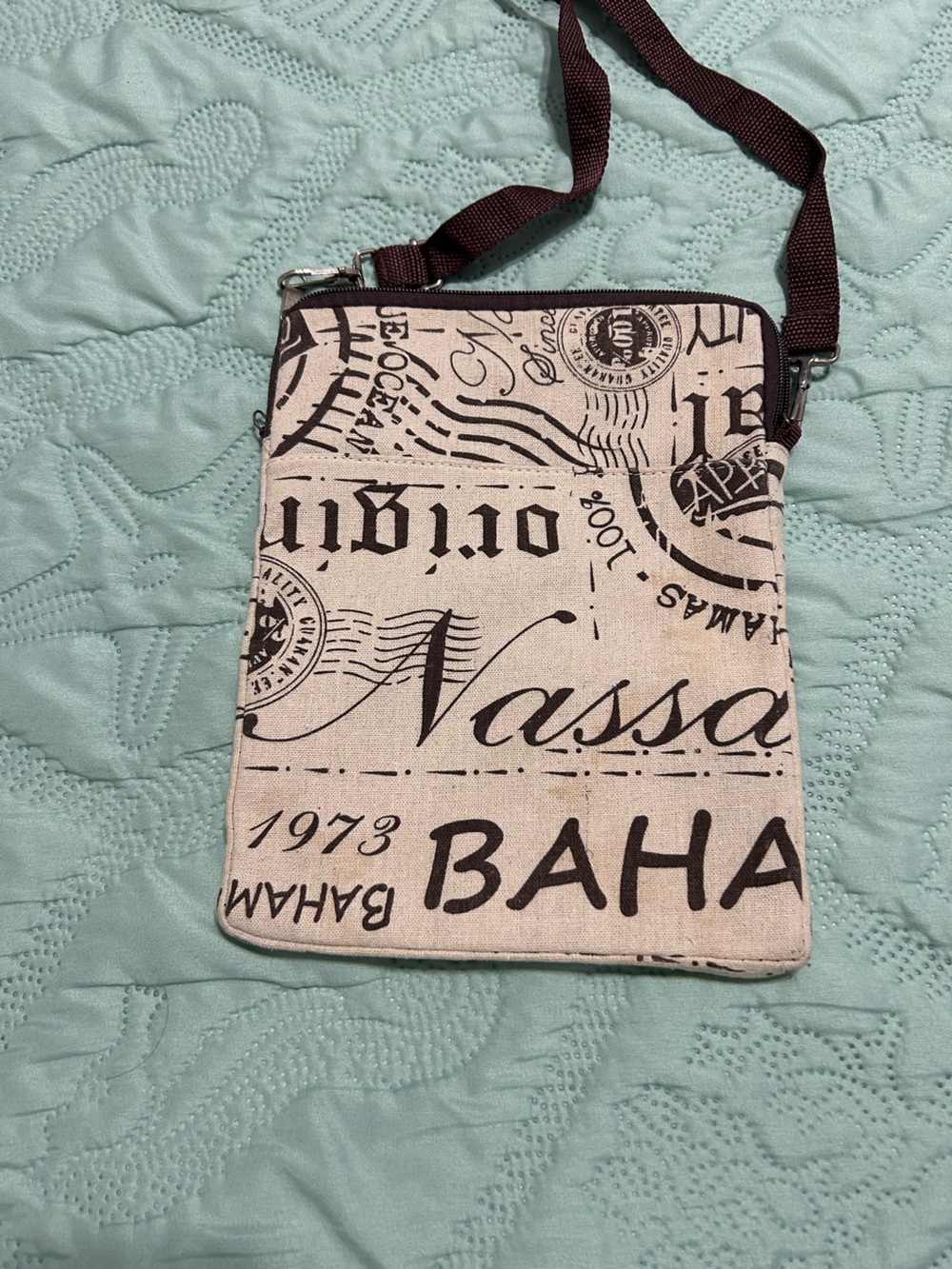 Nassau Bahamas Canvas Crossbody Bag in Beige with Brown Accents